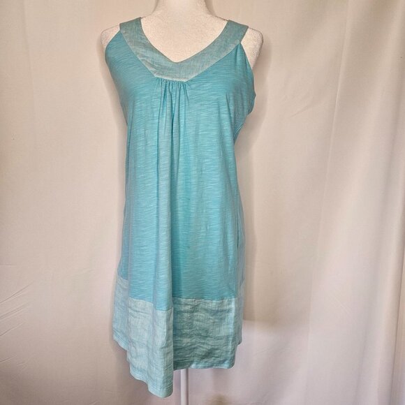 2/$30 Tommy Bahama Arden Flounce Dress Sleeveless Mixed Media Blue Linen - Picture 3 of 14